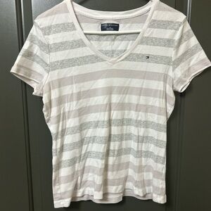 Tommy Hilfiger Women's Short Sleeve Striped Tee - Gray and White